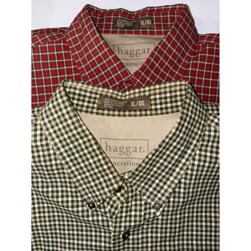 2 Mens Haggar Generations Red & Green Plaid‎ Button Down Shirt XL Classic Fit